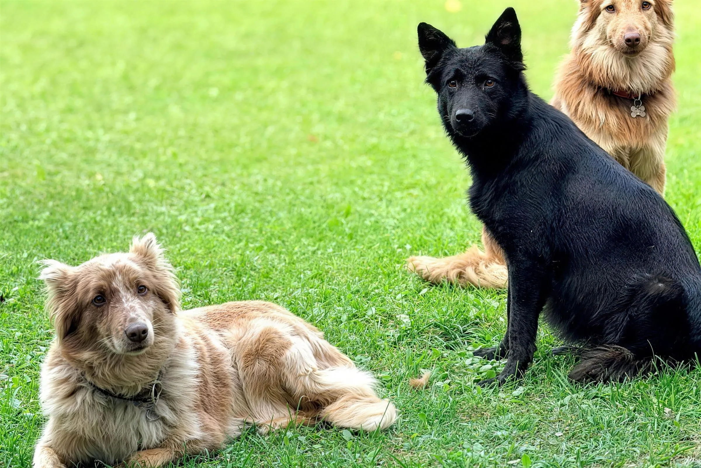 Tre cani sul prato: uno nero seduto, uno fulvo e uno chiaro sdraiato