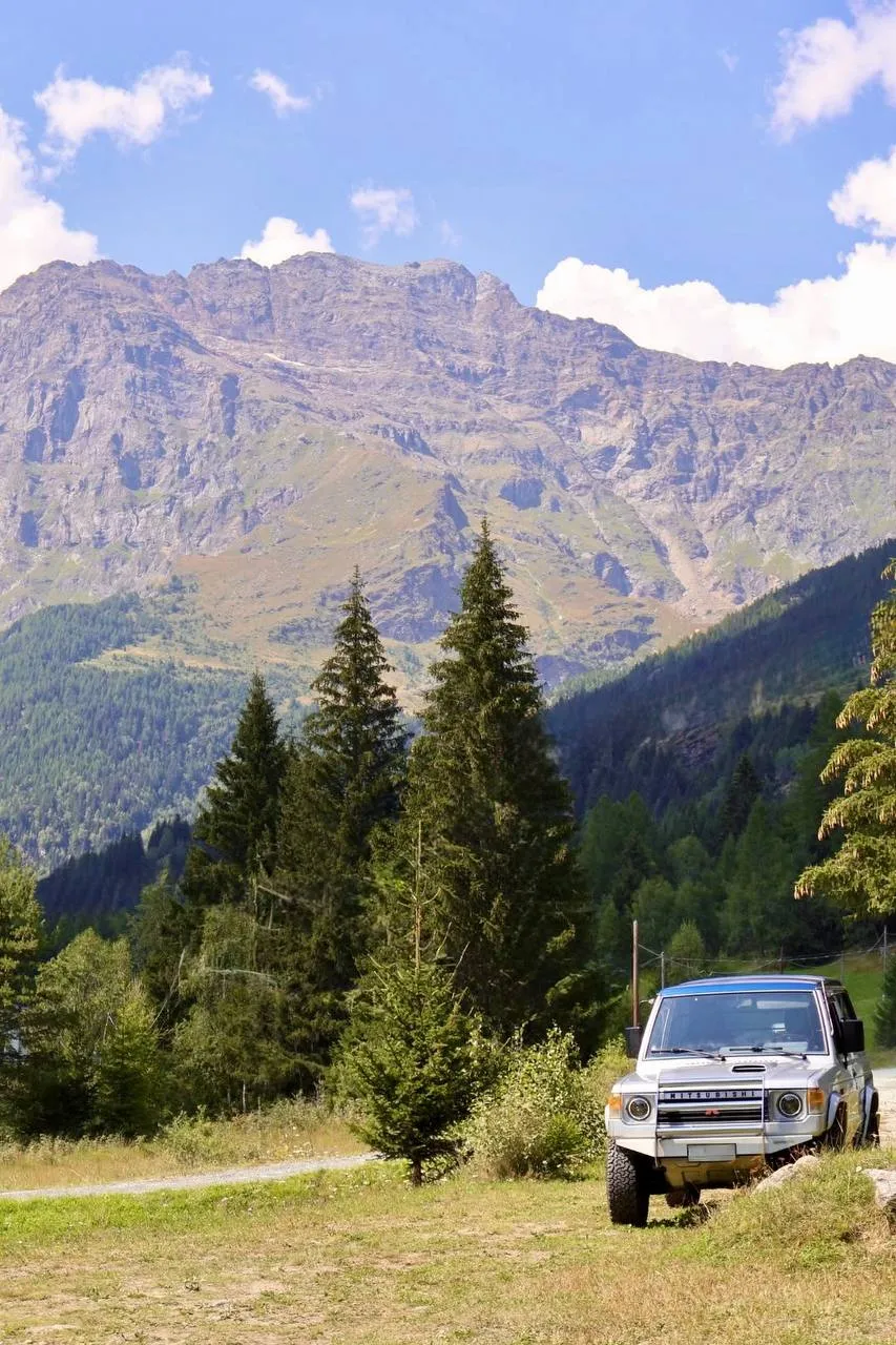 Un fuoristrada parcheggiato sul prato tra gli abeti, con le pareti rocciose della Valmalenco sullo sfondo